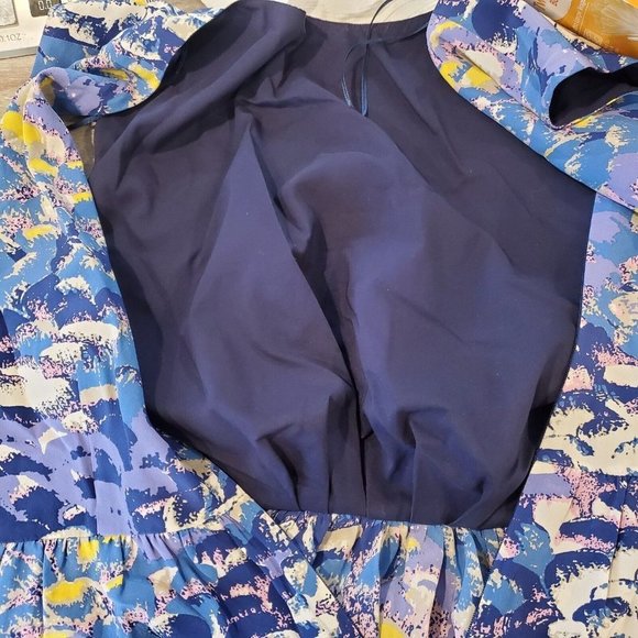 TIBI New York Dress 100% Silk Sz Medium Blue Sleeveless‎ Ruched Front Abstract - Picture 9 of 13